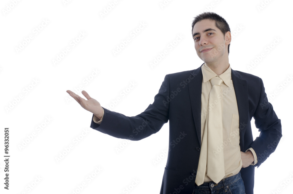 Man in business showing something with his right hand. Man in business showing something with his right hand.