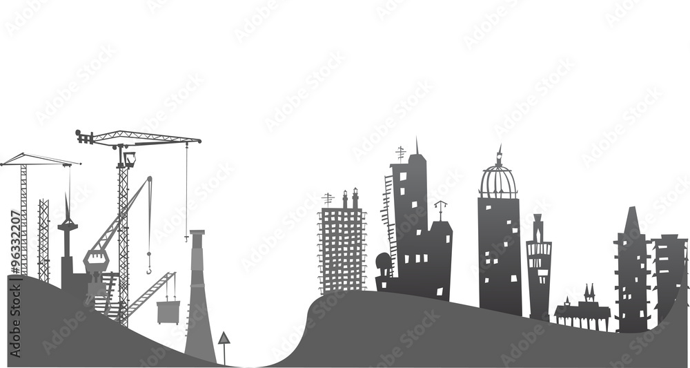City on the hills, illustration with cranes and construction site