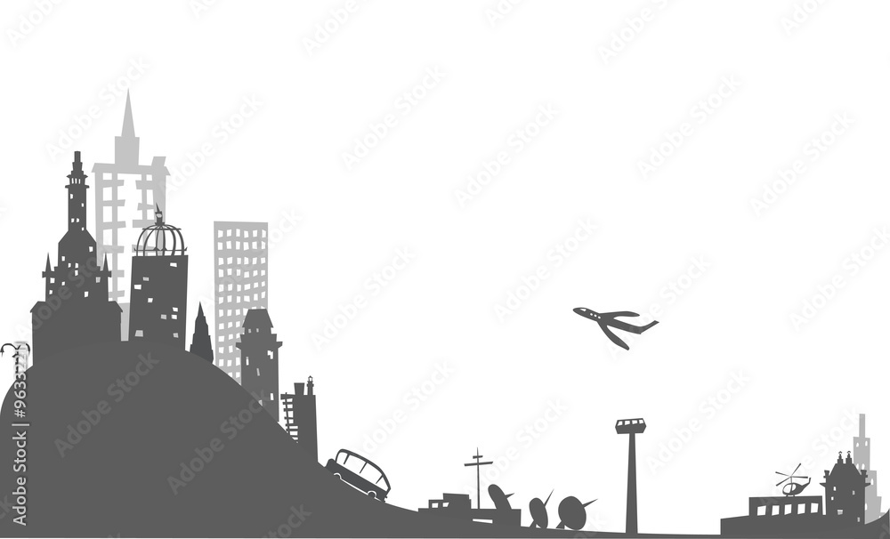 Obraz premium City on the hills, illustration with plane taking off