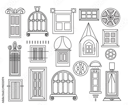 Fototapeta Windows and doors set for City houses, detailed doodle 