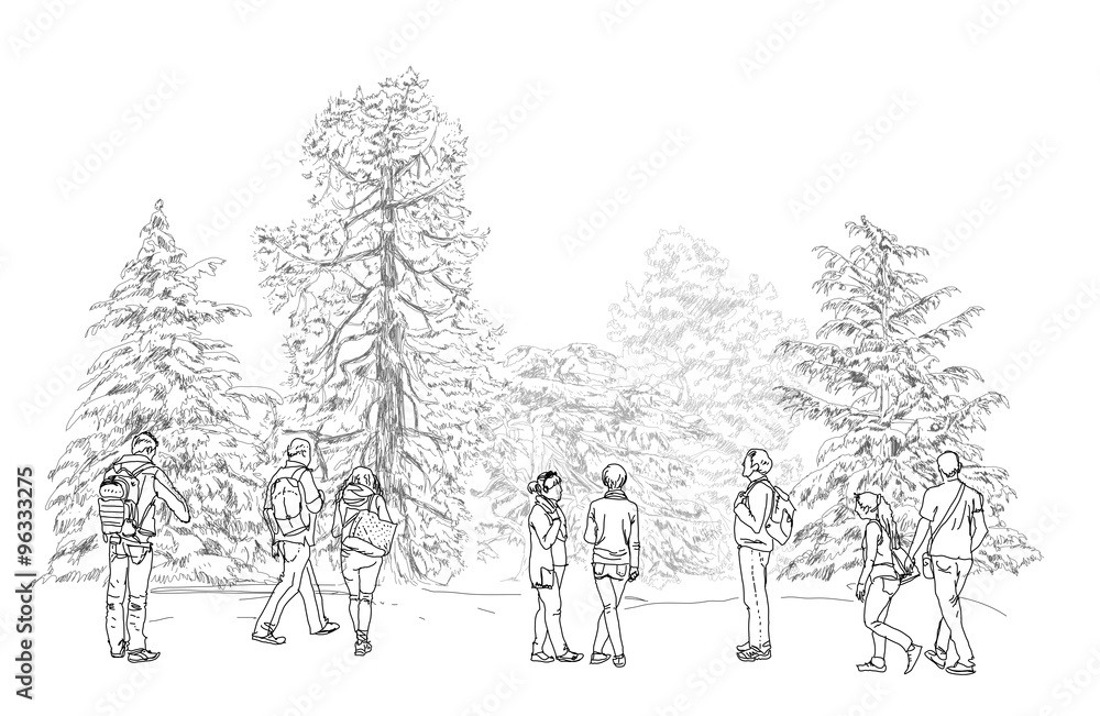 People walking in park, sketch collection