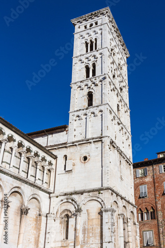 Bell tower of San Michele in Foro Church in Lucca, Tuscany, Ital © Giuliano Del Moretto