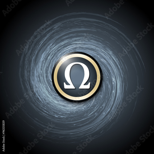 Dark background with abstract spirals and omega symbol