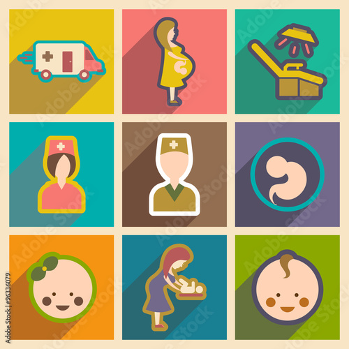 Set flat icons with long shadow Pregnancy and childbirth 