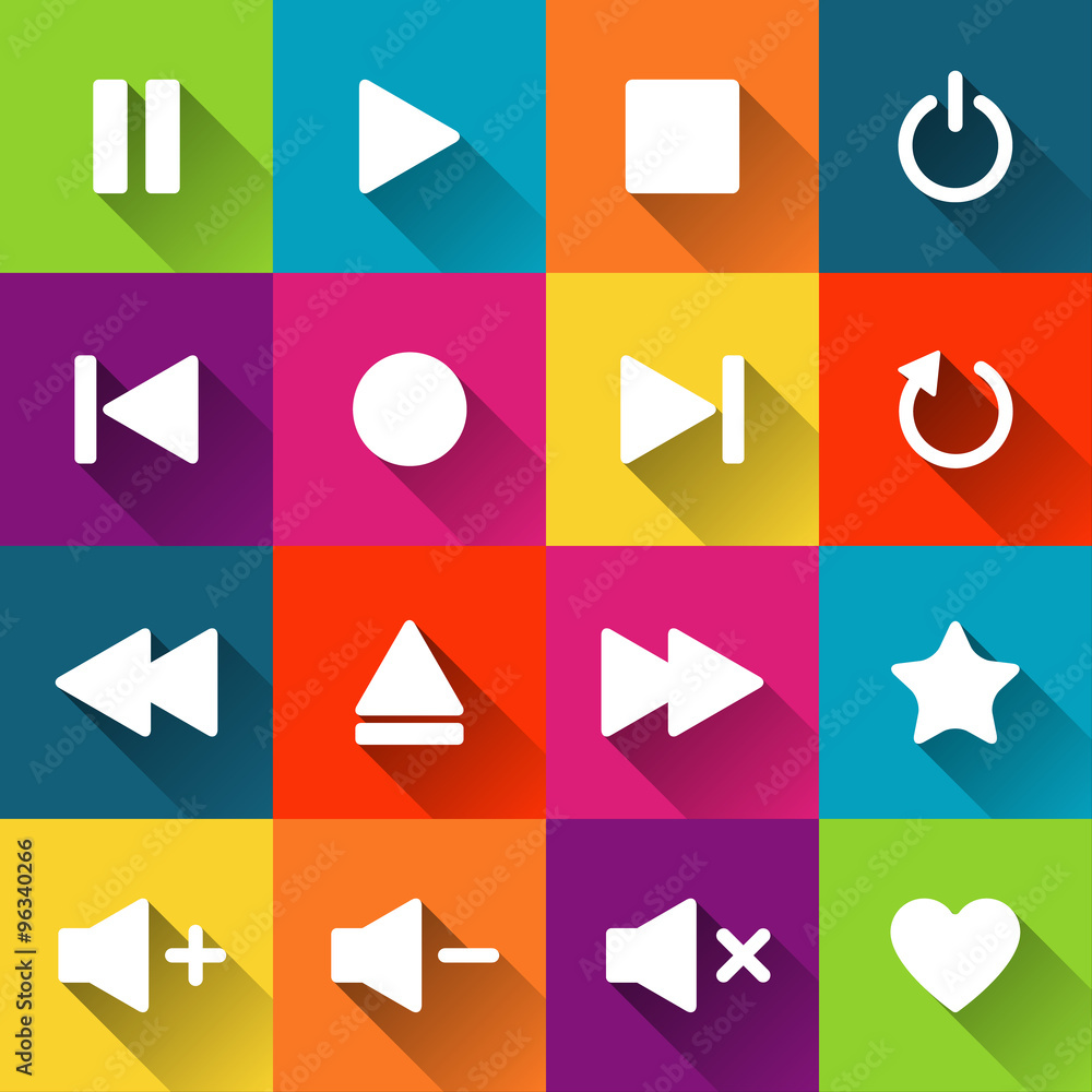 Simple media player icons on the colored tiles, flat design, vector illustration for your application, web, template Simple media player icons on the colored tiles, flat design, vector illustration for your application, web, template