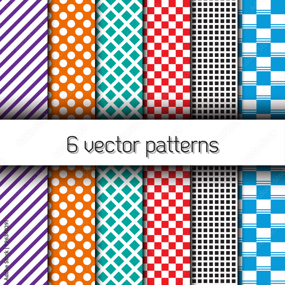 Set of 6 vector endless patterns with circle, lines and squares Set of 6 vector endless patterns with circle, lines and squares