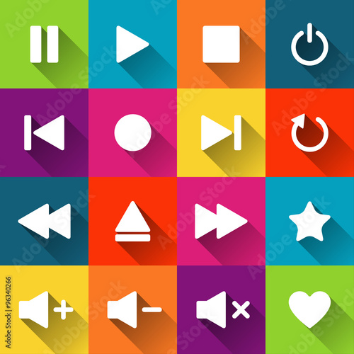 Simple media player icons on the colored tiles, flat design, vector illustration for your application, web, template