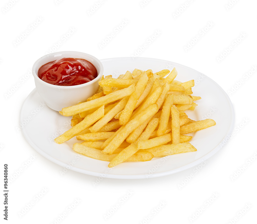 Potatoes fries with ketchup close-up isolated on a white background. Potatoes fries with ketchup close-up isolated on a white background.