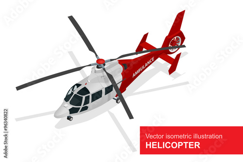 Red helicopter. Vector isometric illustration of Medical evacuation helicopter. Air medical service.