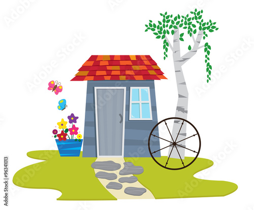 Shed With Butterflies - Cute garden shed with flowers and butterflies. Eps10