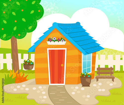 Garden Shed - Orange shed with blue roof, flowers and a bench in the yard. Eps10