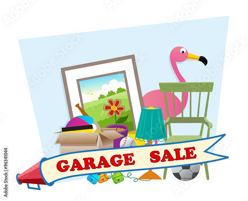 Garage Sale - Cute garage sale banner with household items in the background. Eps10