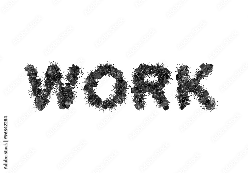 The word WORK is composed from black leather office chairs. A white background. The word WORK is composed from black leather office chairs. A white background.