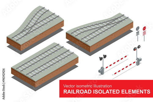 Railroad isolated elements for rail freight transportation. Vector isometric illustration of railroad signal, rail sections, traffic sign stop. Rail freight transportation.