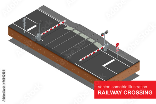 Vector isometric illustration of Railway crossing. A railway level crossing, with barriers closed and lights flashing. 