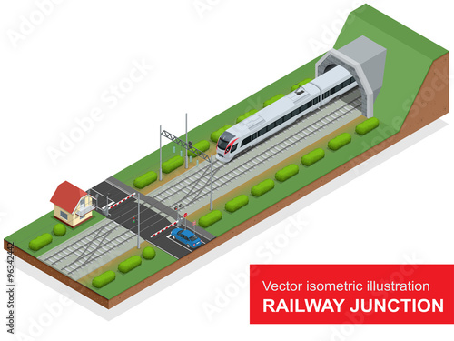 Vector isometric illustration of a railway junction. Railway junction consist of modern high speed train, railway tunnel, Railway crossing, and Railroad isolated elements.