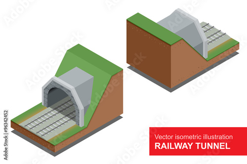 Vector isometric illustration of railway tunnel. Deep metro tunnel under construction.