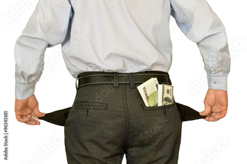 men businessman showing empty pockets hiding behind wads of money