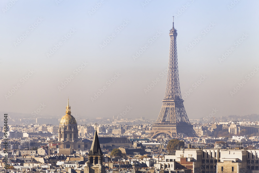 Pollution in Paris, aerial view of Eiffel Tower with smog in background