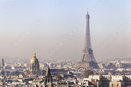 Pollution in Paris, aerial view of Eiffel Tower with smog in background