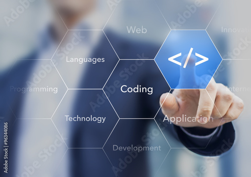 Coding symbol on virtual screen about developing apps or website