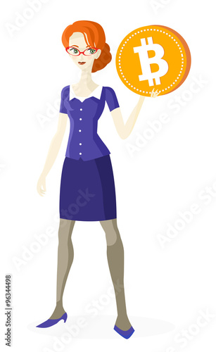mujer sosteniendo moneda bitcoin