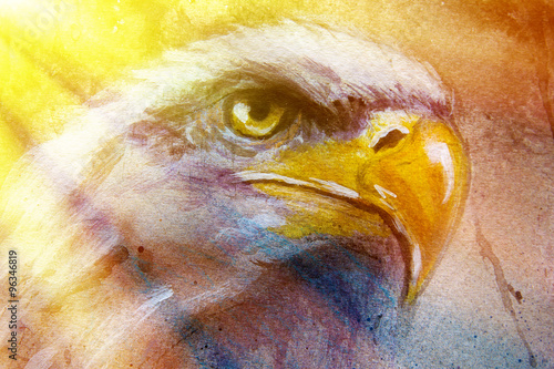 painting of eagle on an abstract background, color with spot structures and sunlight. photo