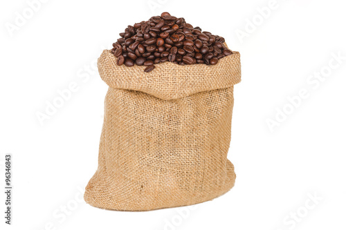 Coffee bag - coffee beans in canvas coffee sack isolated on white background