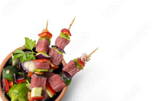 raw beef skewers, isolated background