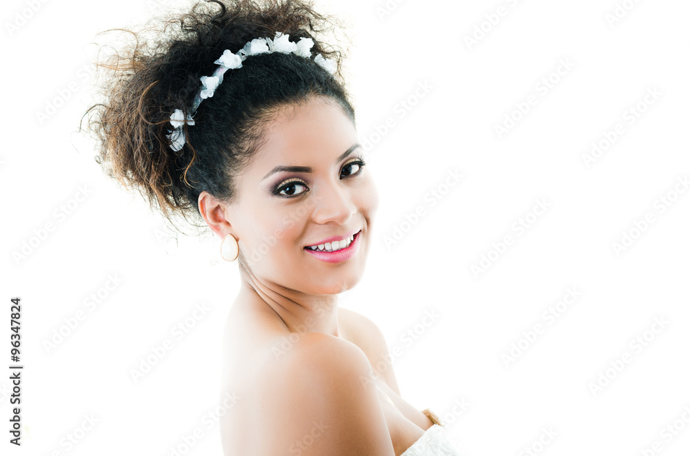 Fototapeta premium Beautiful hispanic young bride looking happy