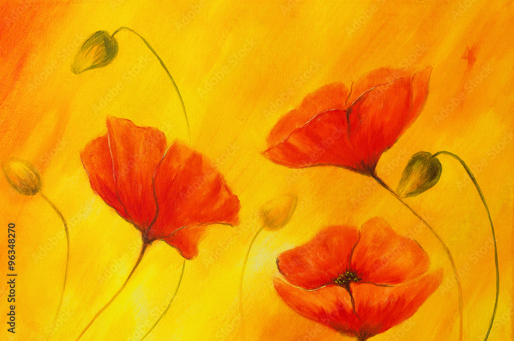 Red poppy on orange background. Red flower on abstract color background. Red poppies