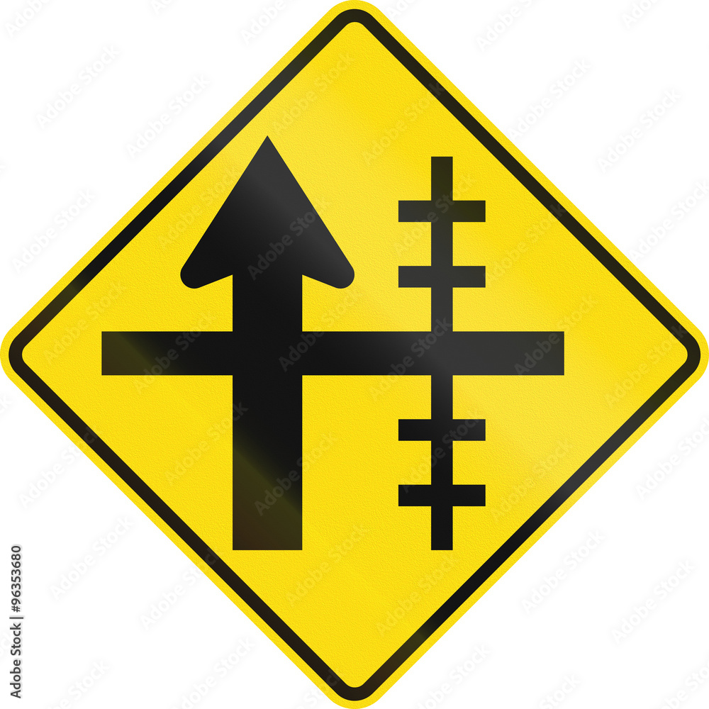 New Zealand road sign - Level crossing on controlled crossroad on right New Zealand road sign - Level crossing on controlled crossroad on right