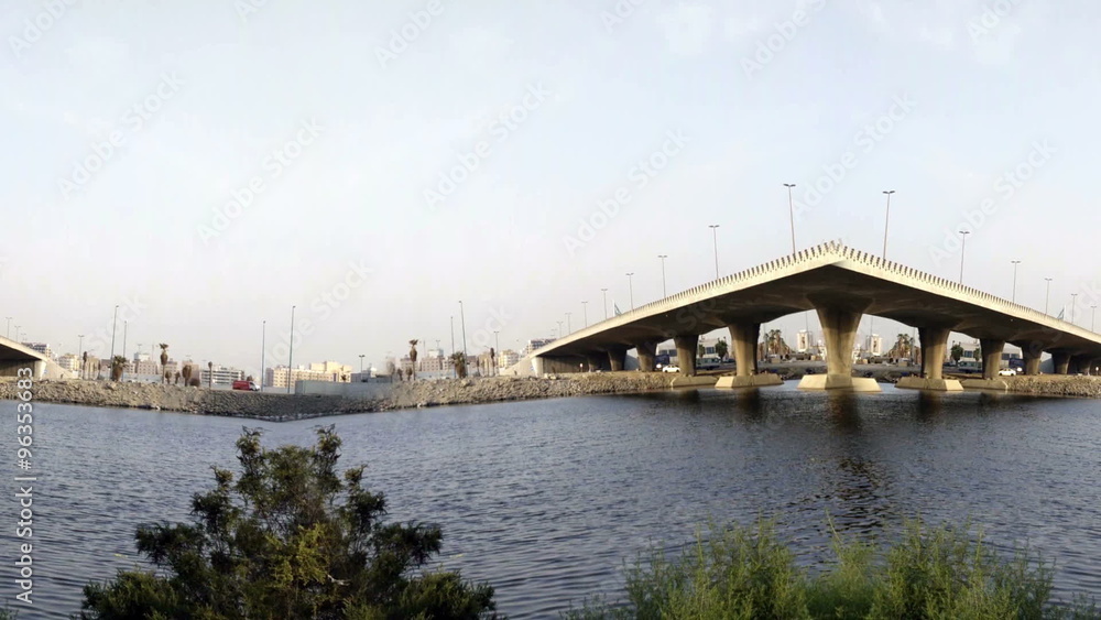 trees and Bridge in waterfront at morning seamless loop trees and Bridge in waterfront at morning seamless loop