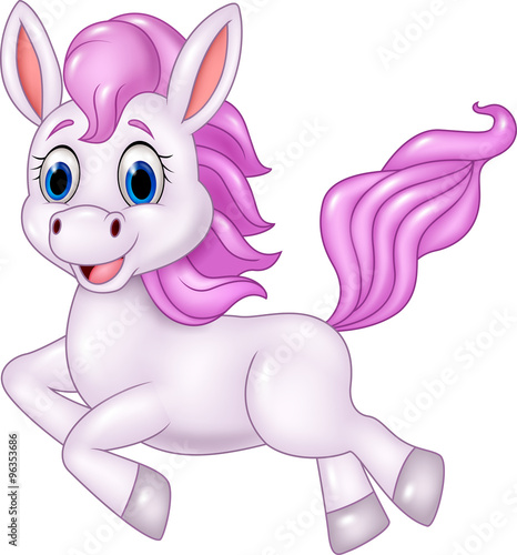 Cute pony horse running isolated on white background