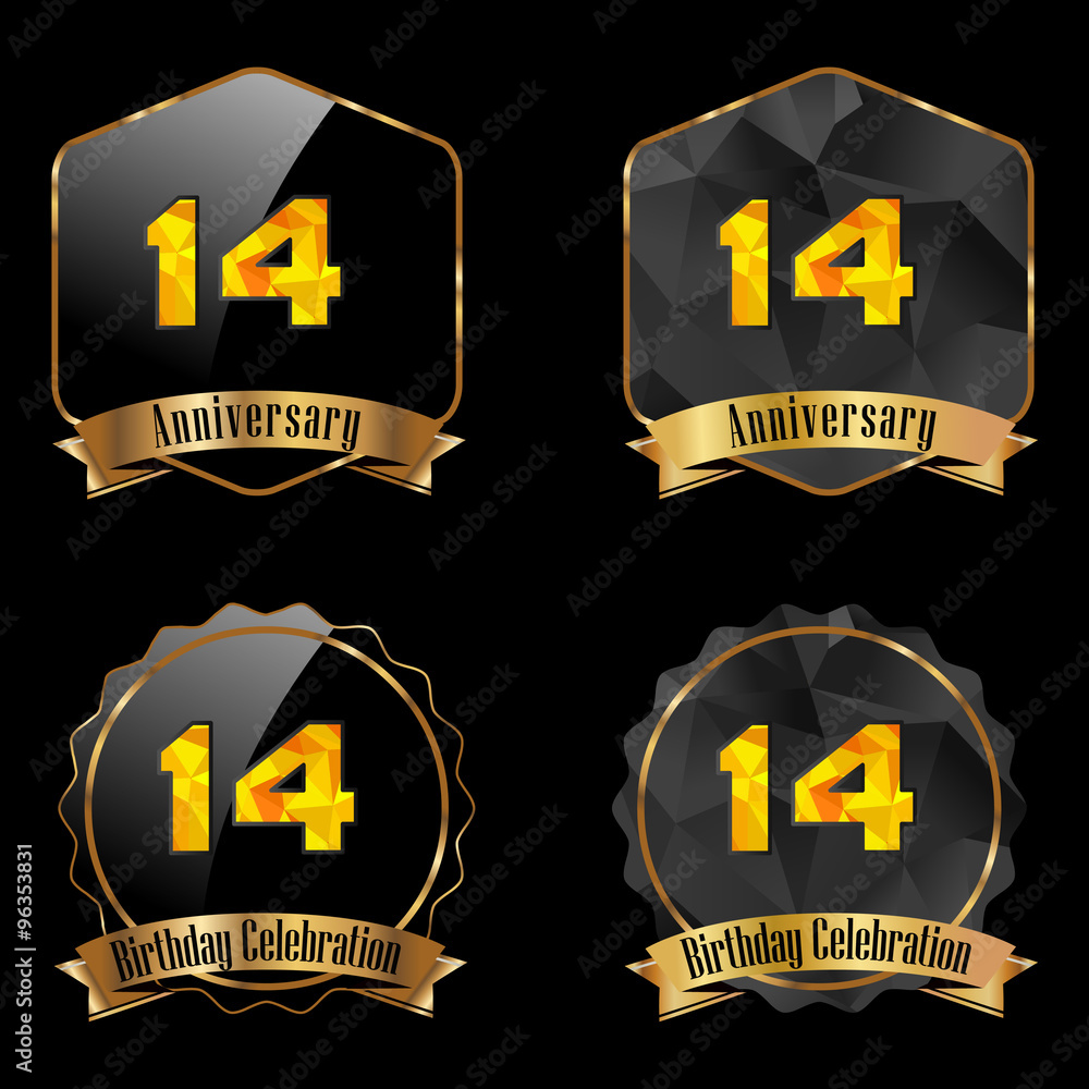 Naklejka premium 14 year birthday celebration golden label, anniversary decorative polygon golden emblem - vector illustration eps10