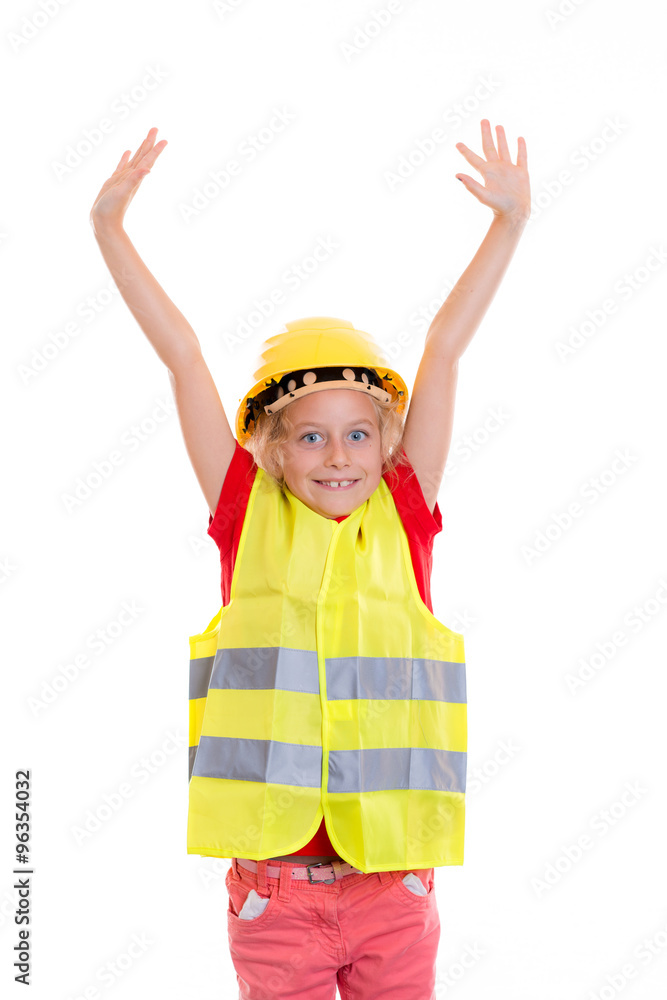 blond girl with reflective vest and helmet