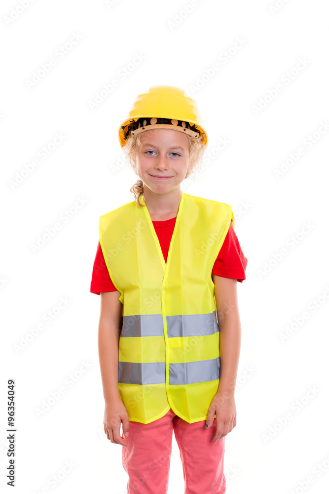 blond girl with reflective vest and helmet blond girl with reflective vest and helmet