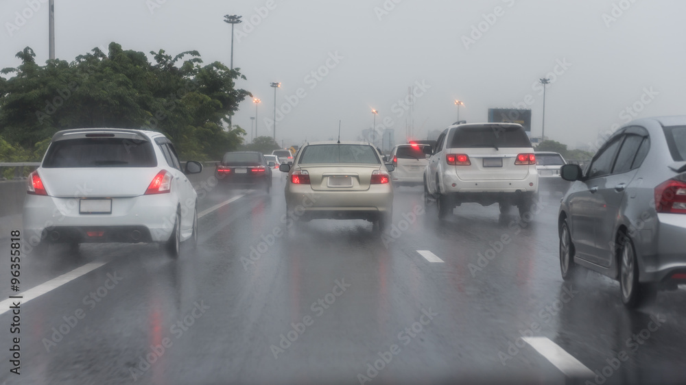 traffic jam on express way in rainning day