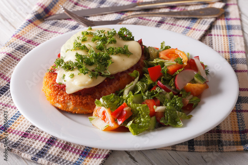 Photography Italian chicken Parmigiana and fresh vegetable salad