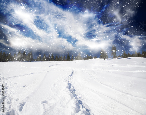 Christmas background with snowy path in the snow © erika8213