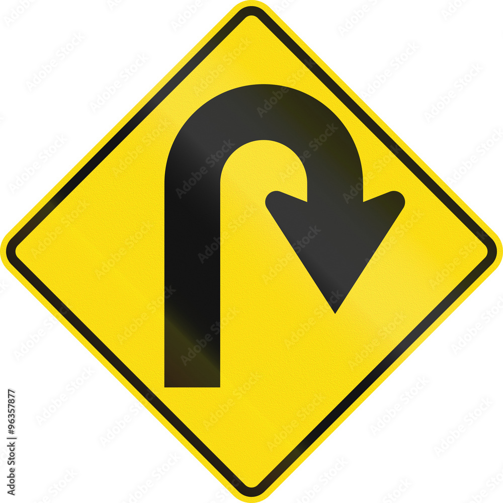 New Zealand road sign - Curve greater than 120 degrees to right New Zealand road sign - Curve greater than 120 degrees to right
