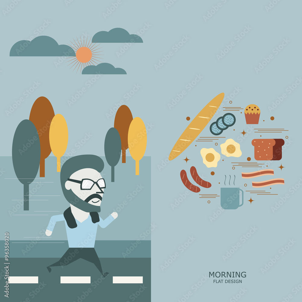 Morning conceptual. Special moment jogging and Breakfast. Flat Stock