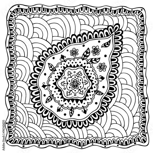 Hand drawn square frame. Paisley element. Zen tangle style. 
