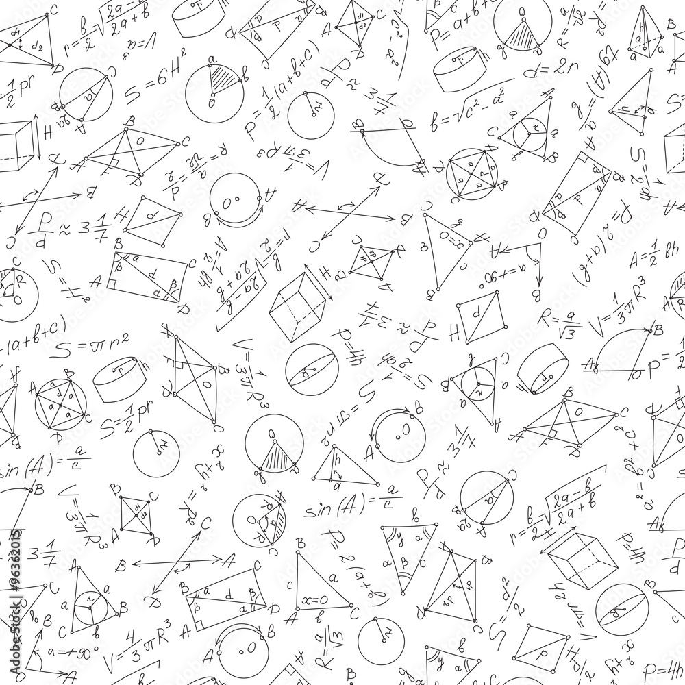 Seamless pattern on the theme of learning and geometry with formulas and graphs,black marker on white background