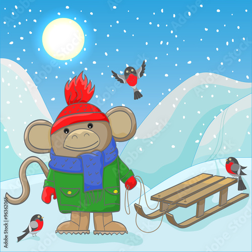 Illustration of funny monkey in winter clothing with sledges and bullfinches on a winter landscape