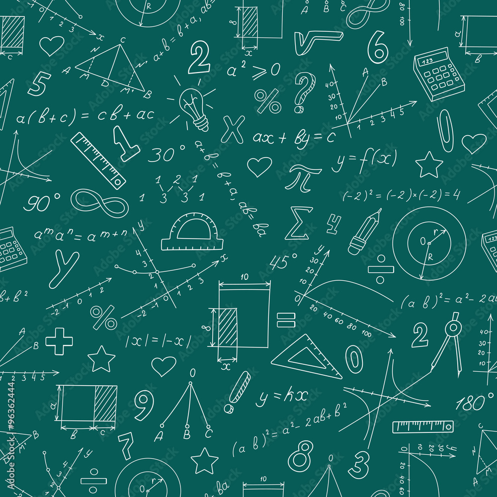 Seamless background with graphs and formulas in the subject of mathematics  and learning, white contour on green background Stock Vector | Adobe Stock