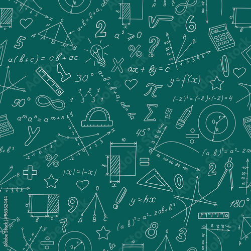 Seamless background with graphs and formulas in the subject of mathematics and learning, white contour on green background