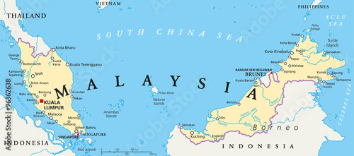 Photo Malaysia political map with capital Kuala Lumpur, national borders, important cities and rivers