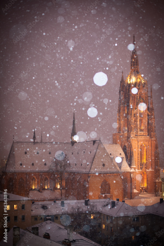 Frankfurt, Dom, Römer, night, snow, christmas