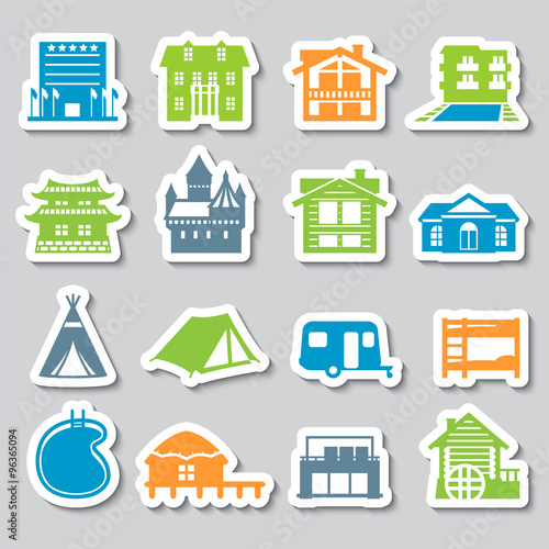 Icon hotel, house, camping. accommodation options. Vector set stickers.